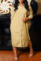イエロー ファッション カジュアル ストライプ プリント スリット ターンダウン カラー シャツ ドレス
