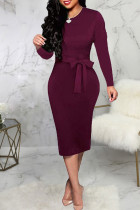 Vinröd Mode Casual Solid Basic O-hals långärmade klänningar