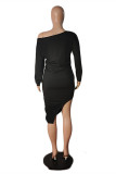 ブラック ファッション カジュアル ソリッド パッチワーク 非対称斜め襟長袖ドレス