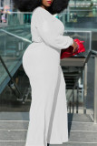 Macacão branco moda casual sólido com cinto decote em V plus size