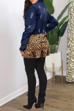 Baby Blue Casual Leopard Patchwork Mandarin Collar Plus Size Overcoat