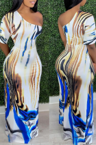 White Sexy Print Split Joint One Shoulder Straight Dresses