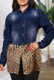Baby Blue Casual Leopard Patchwork Mandarin Collar Plus Size Overcoat