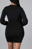 Black Sexy Solid Patchwork Flounce Fold V Neck Pencil Skirt Dresses