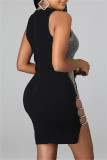 Zwarte sexy patchwork uitgeholde doorschijnende O-hals mouwloze jurk