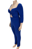 Blauwe sexy stevige uitgeholde patchwork geknoopte vierkante kraag Grote maten jumpsuits