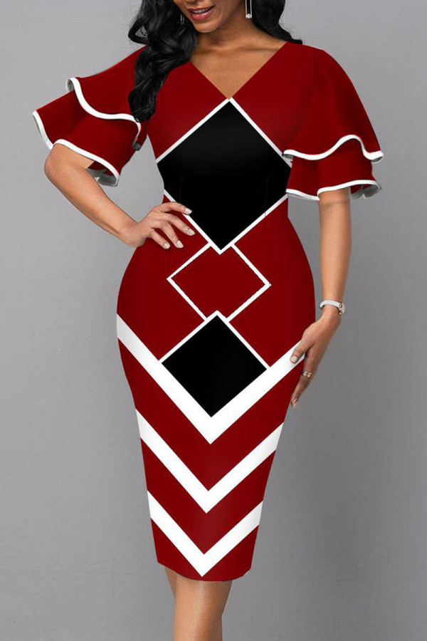 バーガンディ エレガントな幾何学模様のプリント パッチワーク V ネック ペンシル スカート ドレス