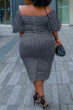 Серое модное повседневное базовое платье в горошек с v-образным вырезом и короткими рукавами Платья больших размеров