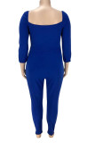 Blue Sexy Solid Hollowed Out Patchwork Knotted Square Collar Plus Size Jumpsuits