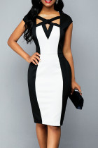 Zwart-wit Britse stijl effen uitgeholde patchwork geknoopte asymmetrische kraag rechte jurken