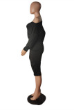 ダークグレーファッションカジュアル固体パッチワーク非対称斜め襟長袖ドレス