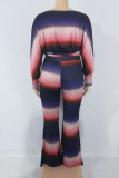 Black Red Casual Striped Print Patchwork O Neck Plus Size Two Pieces