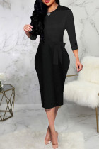 Черные модные повседневные однотонные базовые платья с круглым вырезом и длинными рукавами
