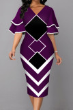Purple Elegant Geometric Print Patchwork V Neck Pencil Skirt Dresses