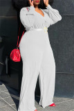 Macacão branco moda casual sólido com cinto decote em V plus size