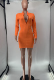 Tangerine Rouge Sexy Solide Patchwork Fermeture Éclair Col Crayon Jupe Robes