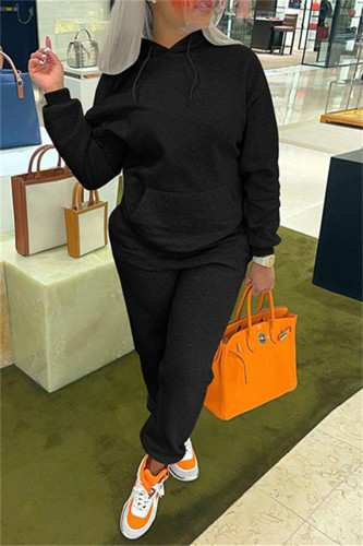 Black Casual Hooded Collar Long Sleeve Sweatshirt And Pants Sportwear Two Piece Jogger Set