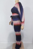 Black Red Casual Striped Print Patchwork O Neck Plus Size Two Pieces