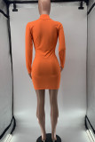 Tangerine Red Sexy Solid Patchwork Zipper Collar Pencil Skirt Dresses