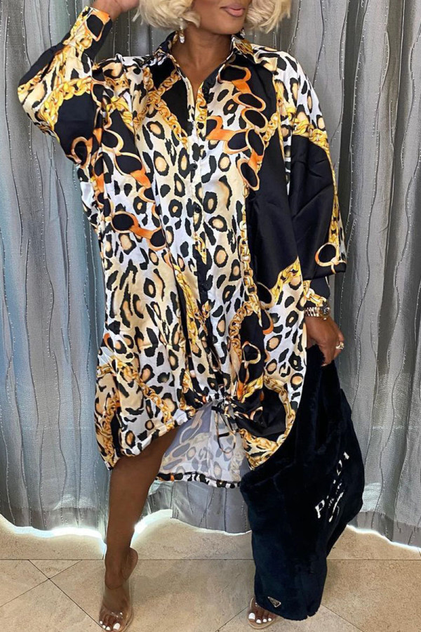 Estampa de leopardo casual estampa patchwork fivela assimétrica gola aberta camisa vestidos