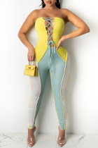 黄色と青のファッションセクシーなパッチワーク包帯背中の開いたストラップレススキニージャンプスーツ