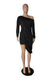 ブラック ファッション カジュアル ソリッド パッチワーク 非対称斜め襟長袖ドレス