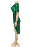 Robes de robe irrégulières à col oblique asymétrique en patchwork vert sexy