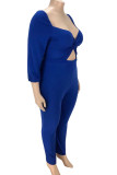 Blue Sexy Solid Hollowed Out Patchwork Knotted Square Collar Plus Size Jumpsuits