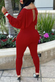 Macacão vermelho moda casual sólido sem costas dobrável com decote em V