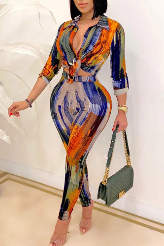 Orange Sexy Print Patchwork Asymmetrical V Neck Three Quarter Two Pieces