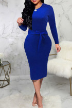 Blå Mode Casual Solid Basic O-hals långärmade klänningar