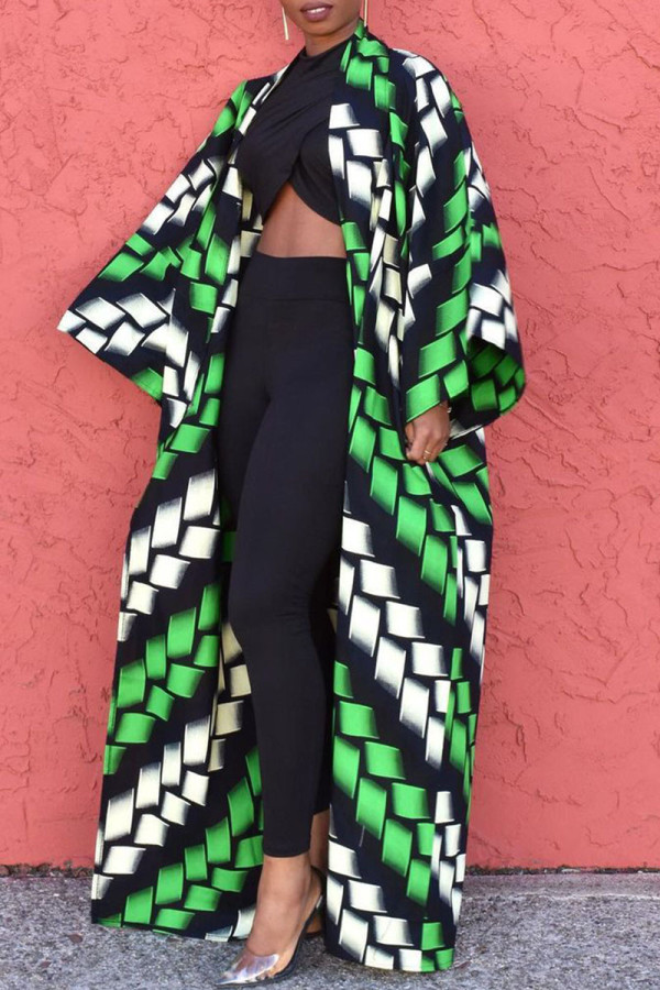 Abrigo largo de talla grande con estampado de cuadros y patchwork de moda verde