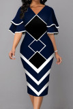 パープル エレガントな幾何学模様のプリント パッチワーク V ネック ペンシル スカート ドレス