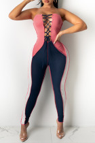 Blauw Roze Mode Sexy Patchwork Bandage Backless Strapless Skinny Jumpsuits