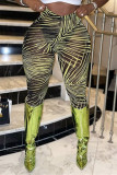 Gele, doorschijnende skinny broek met hoge taille en casual print