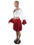 Цвет красного вина, модный взрослый сексуальный однотонный костюм из двух предметов с рюшами, лоскутная плиссированная юбка с длинным рукавом
