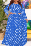 Falda de pastel con cuello redondo y retales de puntos informal azul talla grande dos piezas
