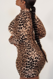 Leopardo estampa sexy leopardo patchwork meia gola alta saia lápis vestidos plus size