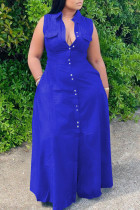 Темно-синие повседневные однотонные лоскутные карманы с отложным воротником, трапециевидные платья больших размеров