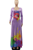 Light Purple Casual Print Patchwork V Neck Long Sleeve Dresses