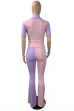 Розовый Фиолетовый Мода Повседневная Пэчворк Базовый V-образный вырез С коротким рукавом Из двух частей