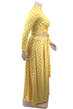 Yellow Casual Dot Patchwork O Neck Cake Skirt Plus Size Two Pieces