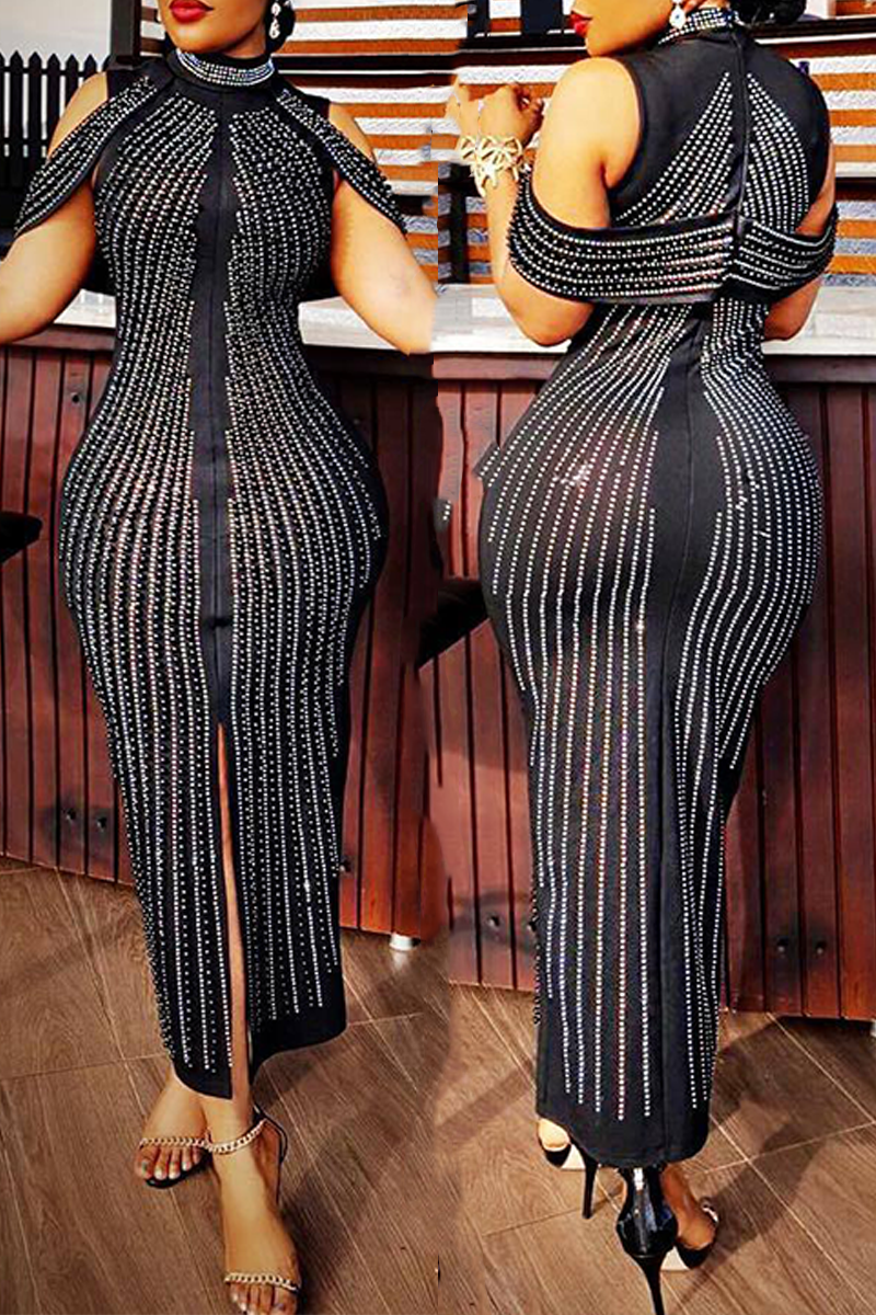 

Black Sexy Patchwork Hot Drill Half A Turtleneck Evening Dress Dresses