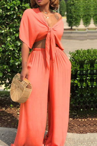 Tangerine Red Casual Solid Patchwork V Neck Half Sleeve Two Pieces