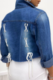 Hellblaue, lässige, einfarbige Turndown-Kragen-Langarm-Jeansjacke mit durchgehendem Kordelzug