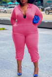 Pink Casual Solid Patchwork Hooded Collar Plus Size Jumpsuits