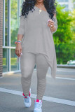 Grey Casual Solid Patchwork Asymmetrical Oblique Collar Long Sleeve Two Pieces