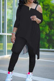 Black Casual Solid Patchwork Asymmetrical Oblique Collar Long Sleeve Two Pieces