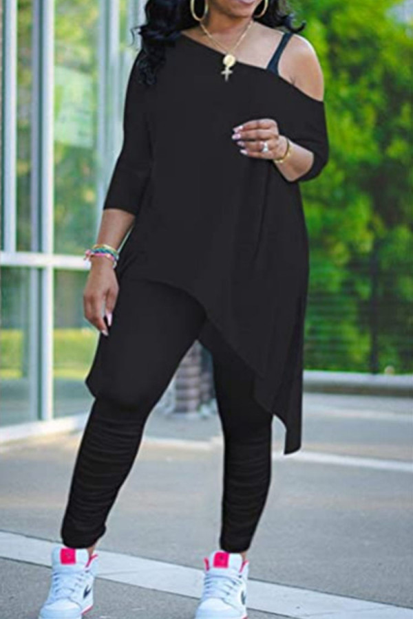 Black Casual Solid Patchwork Asymmetrical Oblique Collar Long Sleeve Two Pieces