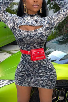 マルチカラー ファッション セクシー プリント ロング スリーブ ドレス